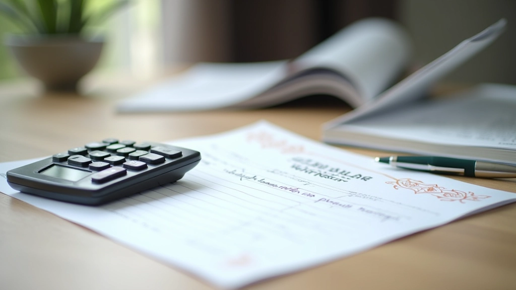 Calculator and financial documents with zakat calculation worksheet on table