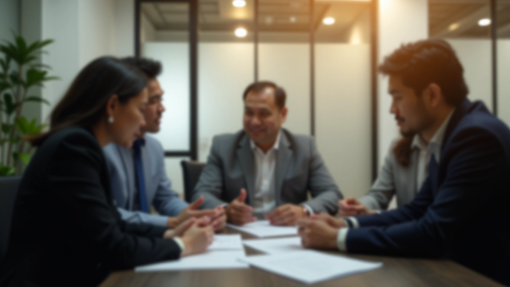 Modern financial advisor discussing investment strategies with clients in professional office setting