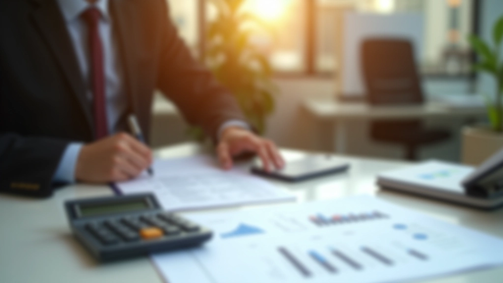 Modern Islamic finance workspace with calculator, investment documents, and financial planning materials