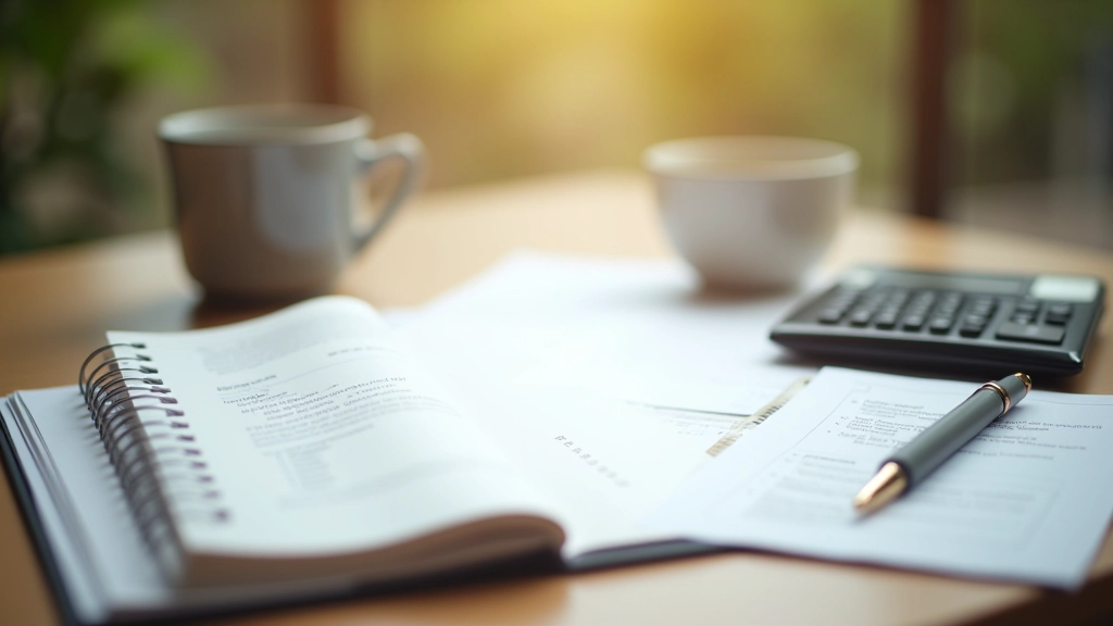 Open notebook with financial planning notes and calculator on desk with morning coffee