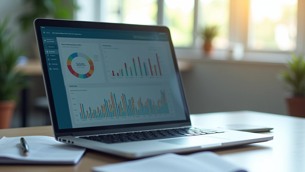 Laptop displaying investment portfolio dashboard with charts and financial metrics on desk