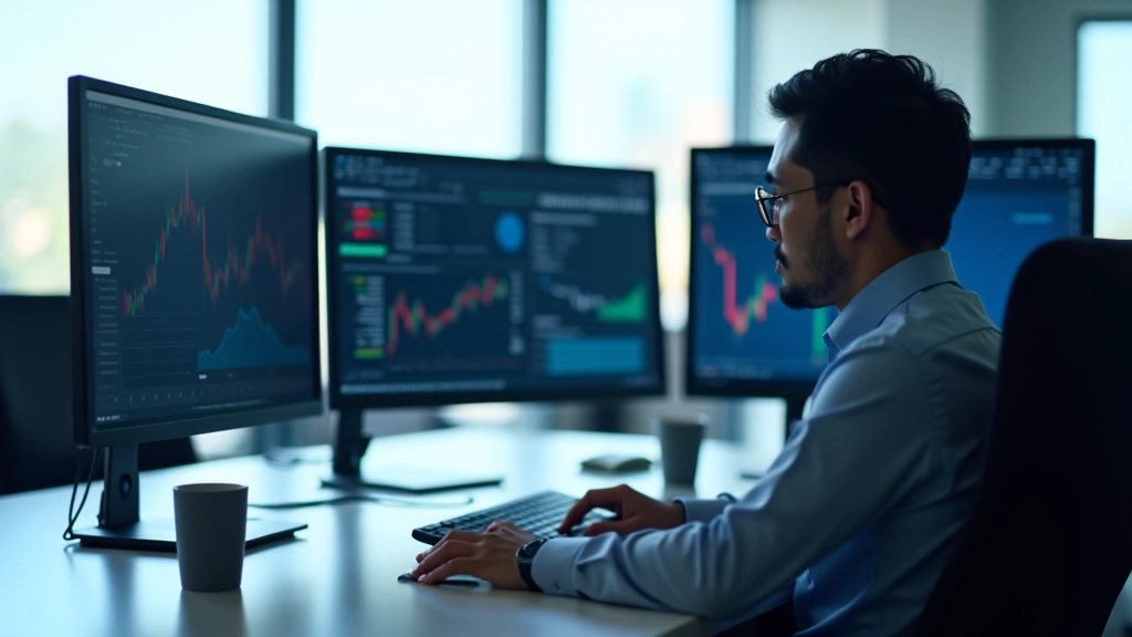 Stock market trading terminal displaying Islamic equity listings and performance metrics on multiple screens