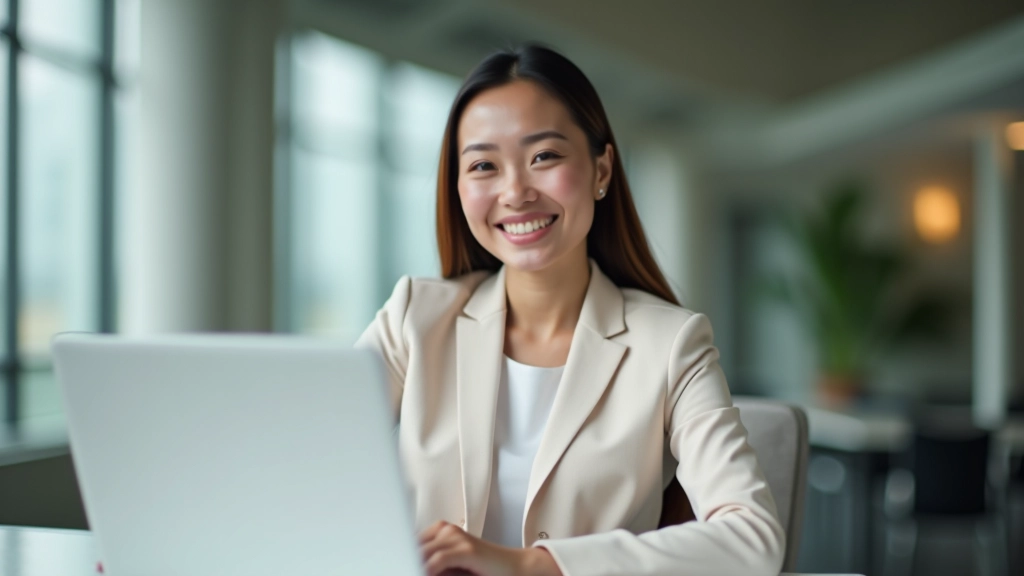 Woman smiling confidently at desk with laptop and financial documents, representing successful wealth management