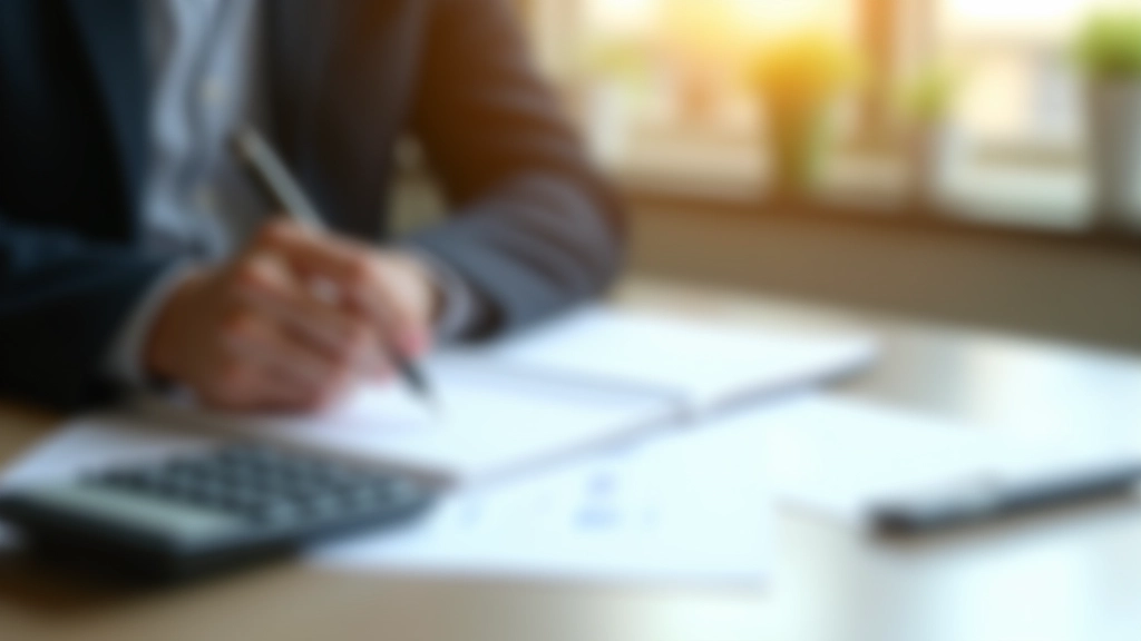 Modern office workspace with Islamic finance documents, calculator, and notebook on desk